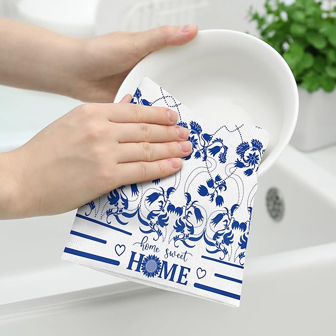 Blue Kitchen Towels Decorative Set of 2, Absorbent Boho Floral Dish Towels for Kitchen Drying Cleaning, Cute Dish Cloths for Bar Bathroom Decor, Housewarming Gifts for Women