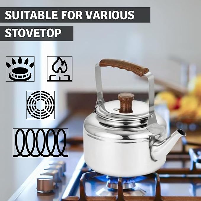 Chandler 1.56 Liter Tea Pots, Vintage Tea Kettle - 0.4mm Stainless Steel Pot - Hard to Dent | Ergonomic Handle with a Cool Grip | Portable Tea Kettle For Camping (Silver Colour)
