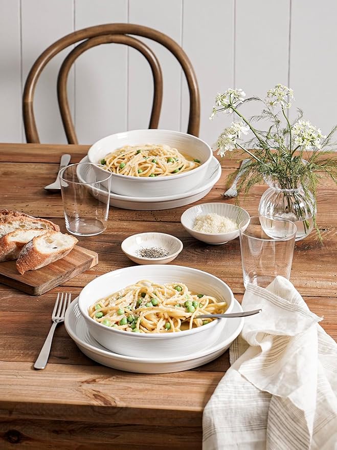 LE TAUCI 16-Piece Ceramic Dinnerware Set with Pasta Bowls (30 oz), Service for 4 – White Farmhouse Plates & Dishes (10" Dinner, 8" Salad, 6" Bowls, 8.5" Pasta) for Housewarming, Wedding Registry Gift