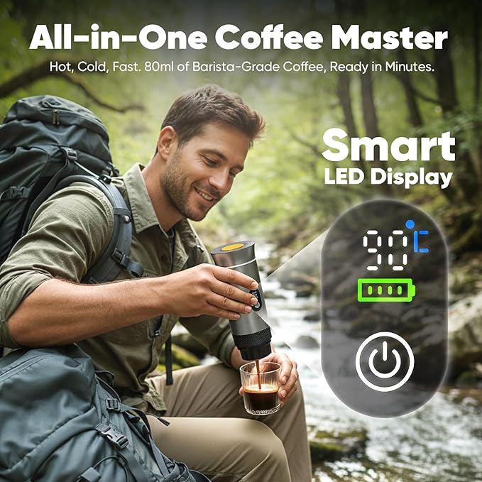 Portable 3-in-1 Espresso Coffee Maker, Self-Heating & Rechargeable with Smart Display — Works with Ground Coffee, Small & Large Capsules; Travel & Camping Mini Machine, 20-Bar Extraction, 60 ml Cup