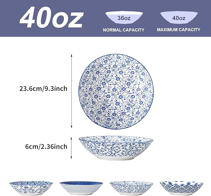 Ceramic Pasta Bowls Set - 40 Oz Porcelain Large Salad Bowls Serving - 9 Inch Wide Shallow Plate Bowls for Eating - Housewarming Wedding Gift - Oven Dishwasher Safe - Set of 4 - Vintage Blue
