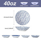 Ceramic Pasta Bowls Set - 40 Oz Porcelain Large Salad Bowls Serving - 9 Inch Wide Shallow Plate Bowls for Eating - Housewarming Wedding Gift - Oven Dishwasher Safe - Set of 4 - Vintage Blue