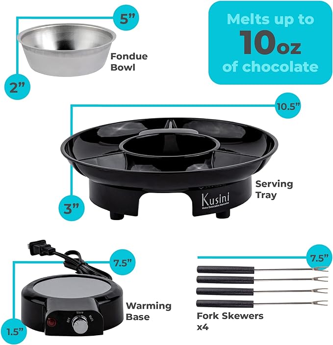 Kusini Electric Fondue Pot Set - Chocolate Fondue Kit - Temperature Control, Detachable Serving Trays, & 4 Roasting Forks - Gift Set & Date Night Idea. Serve at Movie Night or Game Night.