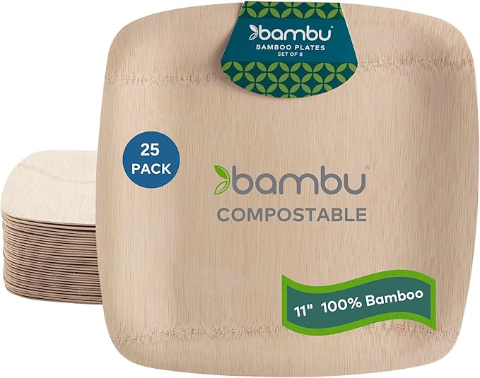 Bambu Pack of 25 - 11 Inch Disposable Bamboo Plates Square, Biodegradable Eco Friendly Products, Bamboo Disposable Plates for Events, Compostable