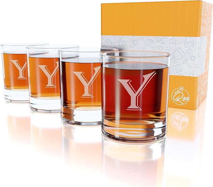 Monogrammed Gifts for Men - 4PC 11 Oz Custom Whiskey Glasses (Y-Monogram) - Engraved Whiskey Glasses - Personalized Whiskey Glasses - Unique Bourbon Glasses - Personalized Glass Gifts for Dad
