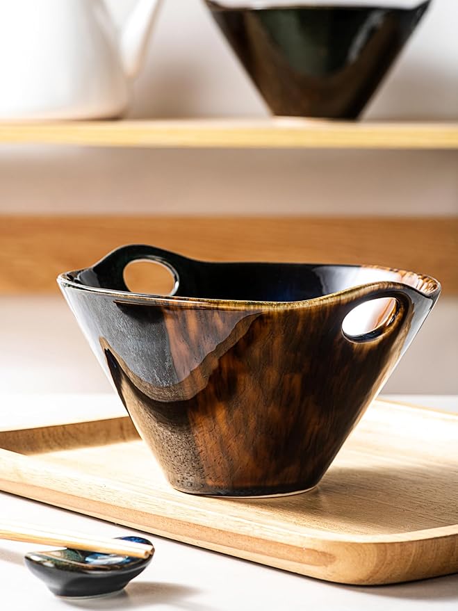 HENXFEN LEAD Japanese Ramen Noodle Bowl Set of 2-30 Oz Large Porcelain Salad Bowls with Chopsticks, Soup Spoons and Rests, Kitchen Serving Dishes for Pho, Udon