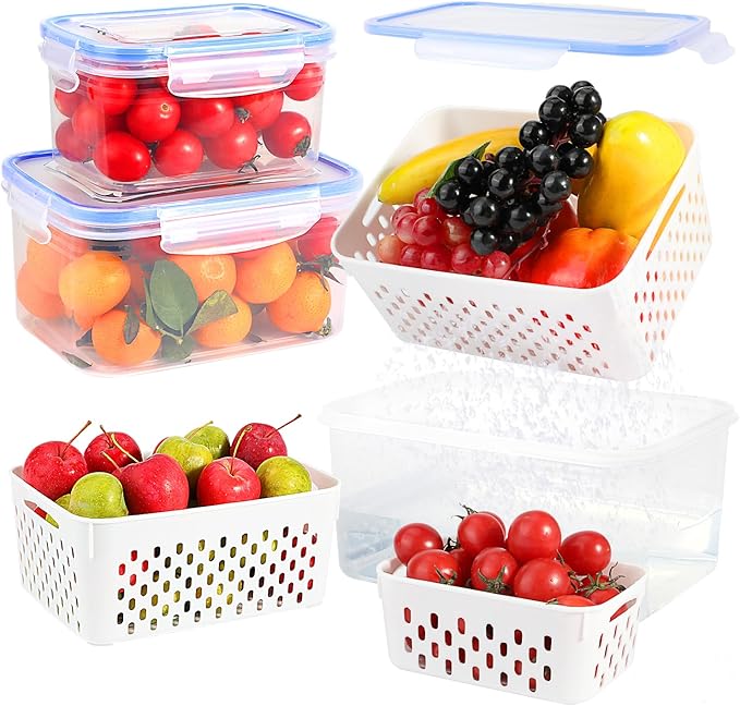 3 Pack Fruit Storage Containers for Fridge, Airtight Food Storage Containers with Removable Colander, Produce Saver Organizers Storage for Refrigerator, Keep Fruit Vegetable Meat Berry Fresh Longer