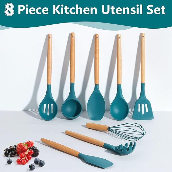 P&P CHEF Silicone Cooking Utensils Set, 8-Piece Kitchen Cooking Utensil with Wooden Handle, Silicone Spatula for Nonstick Cookware, Heat-proof & Easy Clean, Blue