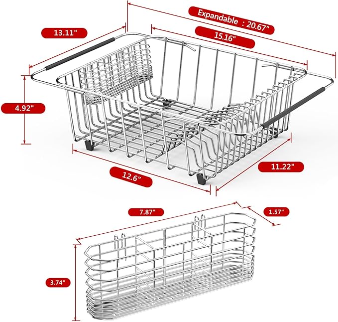 JAQ Dish Drying Rack in-Sink, 304 Stainless Steel Dish Drainer with Stainless Steel Silverware Holder Over Inside Sink-Adjustable 15.16" to 20.59" Maximium 13 Upright Dishes