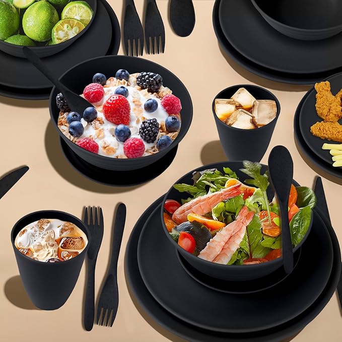 Wheat Straw Plate and Bowl sets with cups and cutlery set of 64- Unbreakable Dinnerware sets service for 8 - Microwave and Dishwasher safe dish sets for kitchen,camping.Black