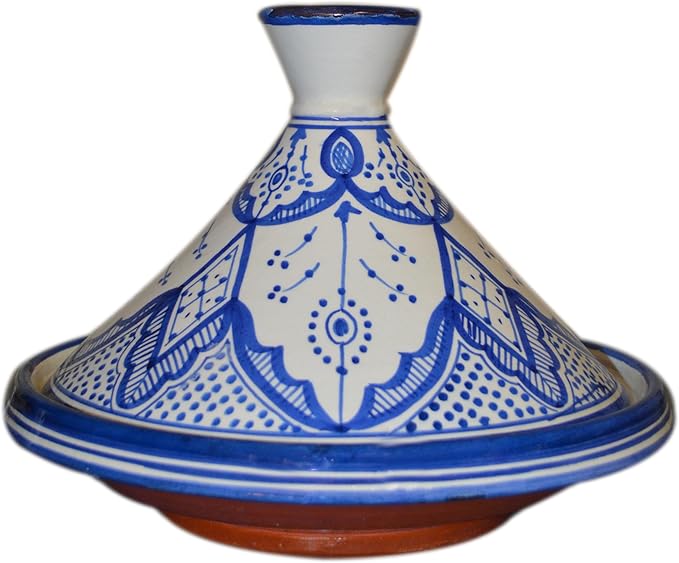 Moroccan Handmade Serving Tagine Exquisite Ceramic With Vivid colors Original 10 Inches in Diameter Fes White & Blue