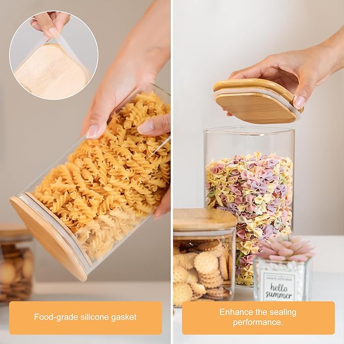 YUNCANG Glass Storage Jars 6 Pack 37oz Clear Glass Food Storage Containers with Airtight Bamboo Lid Stackable Kitchen Canisters for Candy,Cookie,Rice,Sugar,Flour,Pasta,Nuts and Spice Jars(Square)