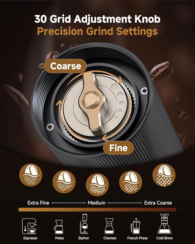 Manual Coffee Grinder,Hand Coffee Grinder with 30 Adjustable Settings,CNC 420 Stainless Steel Espresso Conical Burr-Portable Multi-Bearing Design for Pour Over,French Press & Moka pots