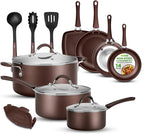 NutriChef 14-Piece Nonstick Brown Cookware Set - Scratch-Resistant Kitchen Pots and Pans with Lids & Utensils, For All Cooktops - NCCW14SBR
