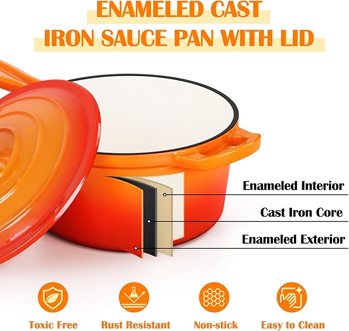 E-far Enameled Cast Iron Sauce Pan with Lid, 1 Quart Dutch Oven Saucepan, Mini Sauce Pot for Cooking, Boiling, Healthy & Non Toxic, Induction & Oven Safe, Orange