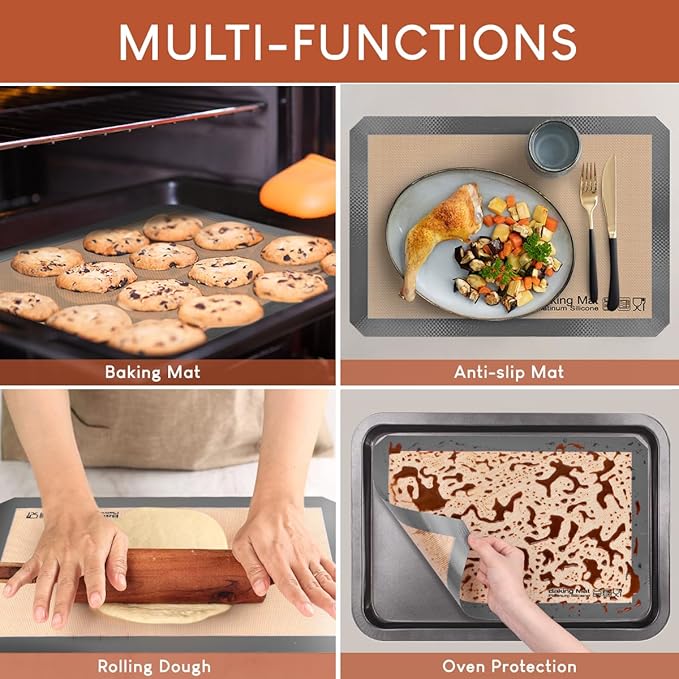 Silicone Baking Mat - Best Platinum Silicone - Sopito Non-Stick Reusable, Food Safe Baking Mat, 5Pcs Set of 2 Half Sheet Size & 2 Quarter Baking Sheets and 1 9'' Pizza Mat, Grey