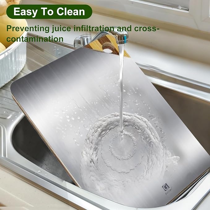 Titanium Cutting Board for Kitchen, Double Sided Cutting Board, Pure Titanium and Natural Bamboo, with Deep Juice Grooves, Large Size 15.6”×11”