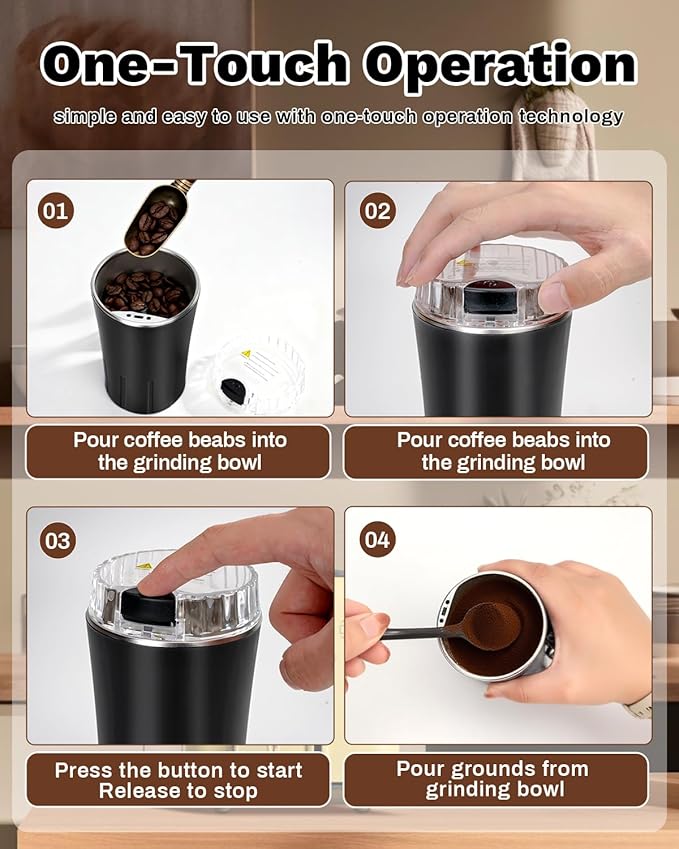 One Touch Coffee Grinder Electric 300W - Heavy-Duty Stainless Steel Blades Small Grinder for Spices & Coffee Beans for Home Use, With 50g Capacity, Ideal for Espresso & French Press