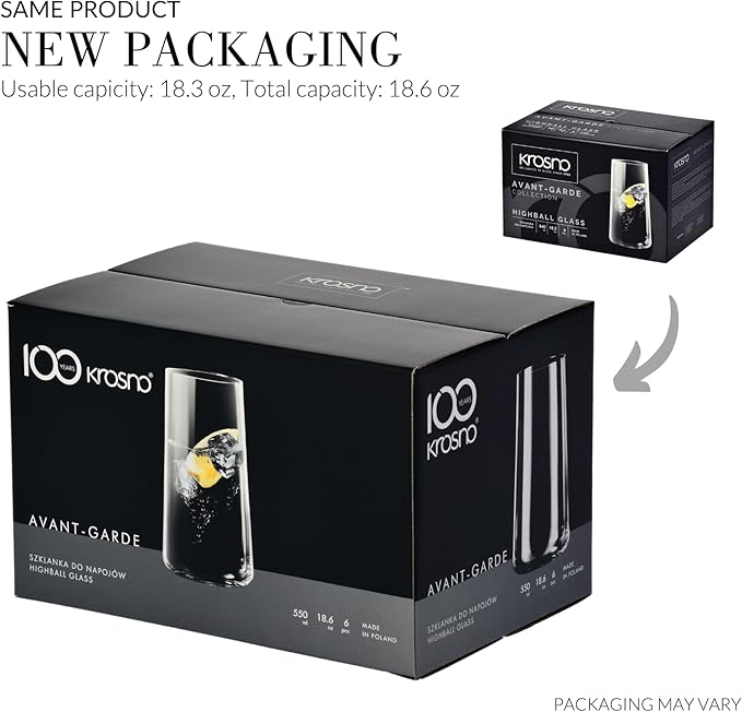 Krosno Tall Water Glasses, Set of 6, 18.3 oz, Avant-Garde Collection, Lightweight Crystal Glass, Perfect for Everyday, Dishwasher Safe, Made in Europe