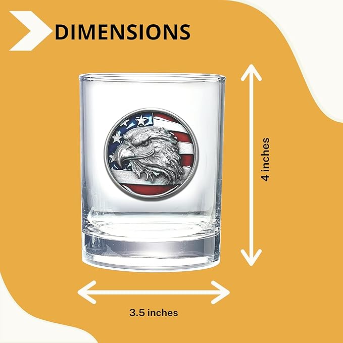 Heritage Pewter Eagle Head with Flag Double Old Fashion | Double Rocks Glass 14 oz for Liquor | Expertly Crafted Pewter Glass