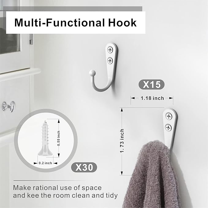 15PCS Coat Hooks - White Robe & Coat Wall Hooks with 30 Screws