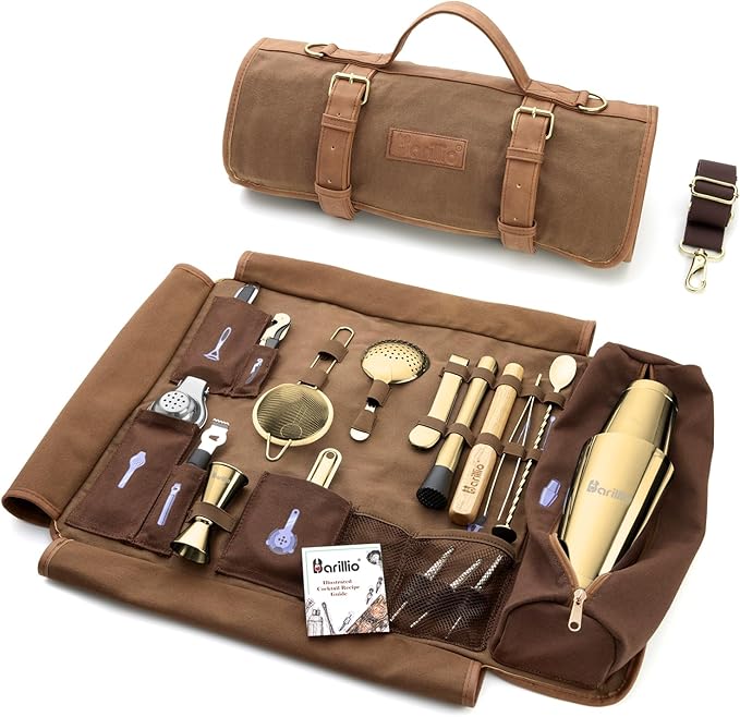 Barillio Bartender Kit Bag with Gold Cocktail Shaker Set - Waxed Canvas, Traveling Bar Tools Bag with 17-Pc Cocktail Kit - Travel Mixology Bartending Kits - Mobile Bar Roll with Strap & Accessories
