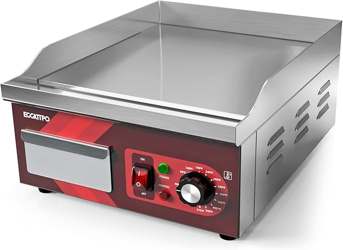 14 Inch Electric Griddle, Non-Stick Flat Top Grill Commercial Electric Countertop Griddles Stainless Steel Adjustable Temperature Control 90℉-575℉ for Home or Restaurant Use