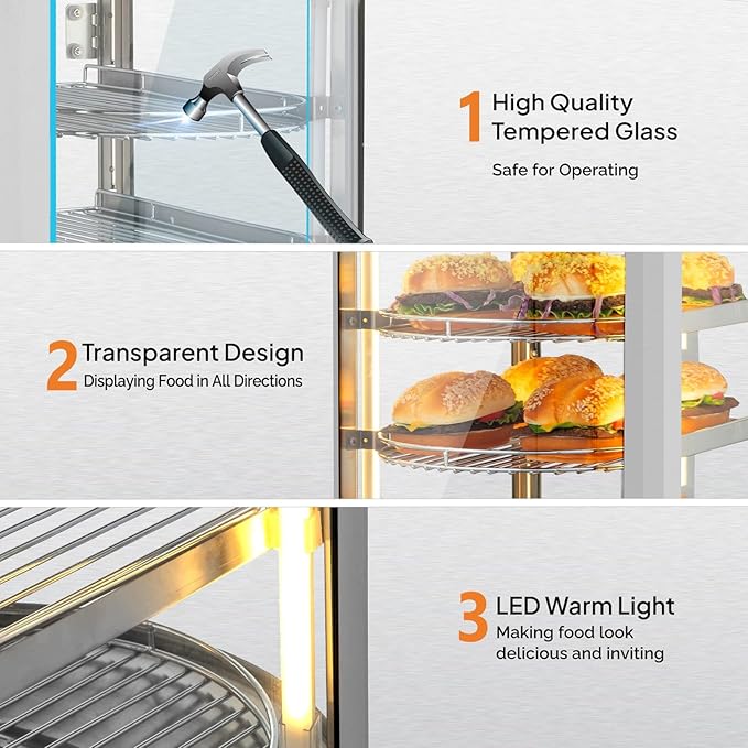 ROVSUN 3-Tier Food Warmer Pizza Warmer Countertop, Commerical Food Warmer Display with LED Lighting Removable Shelves Glass Door, Pretzel Warmer for Buffet Restaurant Cafe, 110V 800W