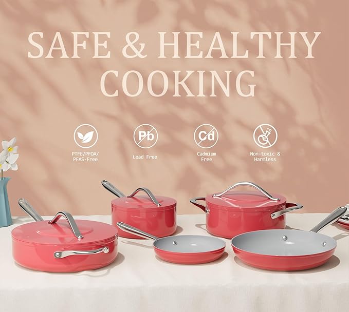 Ceramic Cookware Set Nonstick Pots and Pans Set 8 Pieces Non Toxic PTFE/PFOA/PFAS Free All Cooktops Compatible Even Heat Distribution Oven Safe to 500°F, Fusion Red