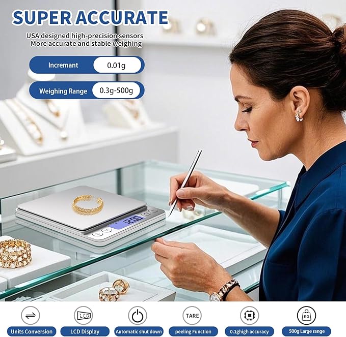 Gram Scale Small Digital Food Scale, 500g by 0.01Gram/0.001Ounce, Accurate Weighting, MEIYA Multifunction Kitchen Scale for Jewelry/Baking/Soap, 9 Units, Tare Function, LCD Display, Including Battery