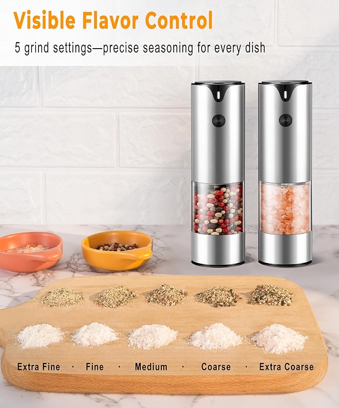 Rechargeable Electric Salt and Pepper Grinder Set - Extra Large Capacity - Automatic Black Peppercorn & Sea Salt Spice Mill Set with Adjustable Coarseness & LED Light Refillable