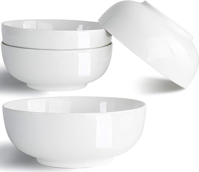 32 Ounce Large Cereal Bowls, Salad Bowls, Pasta Bowls, Soup Bowls, Pho Bowls, Chunni Durable Porcelain White Bowls Set of 4