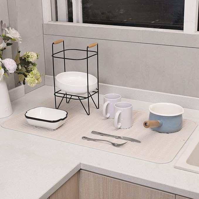 Silicone Dish Drying Mat for Multiple Usage,Easy clean,Eco-friendly,Heat-resistant Silicone Mat for Kitchen Counter or Sink,Refrigerator or Drawer Liner Tapioca 4XL 32 inches x 18 inches