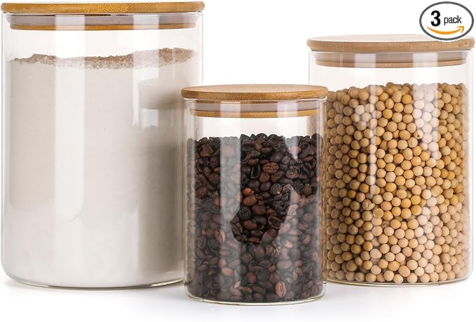 Glass Flour Storage Containers with Lids, Glass Jars with Bamboo Lids, Large Food Storage Jar, Sugar, Pantry Storage Container for Pasta Rice Flour Oats Nuts Tea Spice (Round 27oz+54oz+100oz)