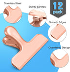 Chip Clips, 12 Pack Bag Clips, Stainless Steel Chip Clip, Metal Clip for Food, Air Tight Seal Great for Kitchen Home Office(Rose Gold)