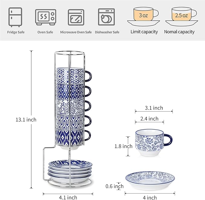 Selamica Ceramic Espresso Cups with Saucers, 2.5 OZ Stackable Demitasse Cups with Metal Stand, Mini Espresso Mugs for Latte Coffee Café Mocha Tea, Set of 6, Vintage Blue