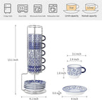 Selamica Ceramic Espresso Cups with Saucers, 2.5 OZ Stackable Demitasse Cups with Metal Stand, Mini Espresso Mugs for Latte Coffee Café Mocha Tea, Set of 6, Vintage Blue