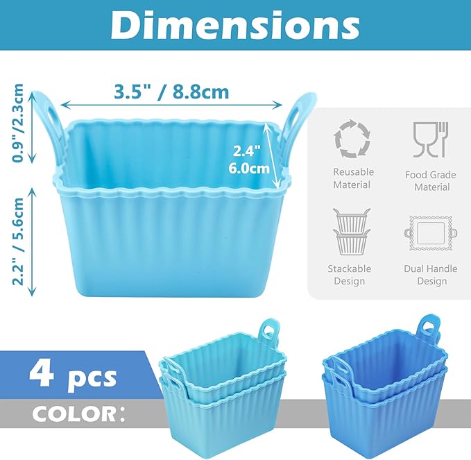 Koluti Nonstick Silicone Egg Bites Baking Mold Pack of 4, Reusable Muffin Cupcake with Double Handle, BPA Free, Small Rectangle Air Fryer Cupcakes Liner, 2 Colors