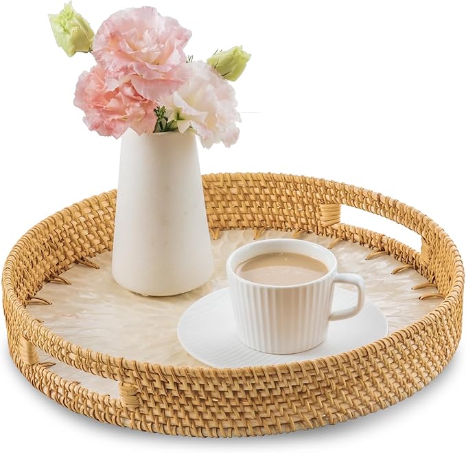 13.8 in Round Rattan Serving Tray with Handle, Mother of Pearl Inlay Wooden Base, Decorative Wicker for Table, Kitchen Island & Home Decor (White Leaf)