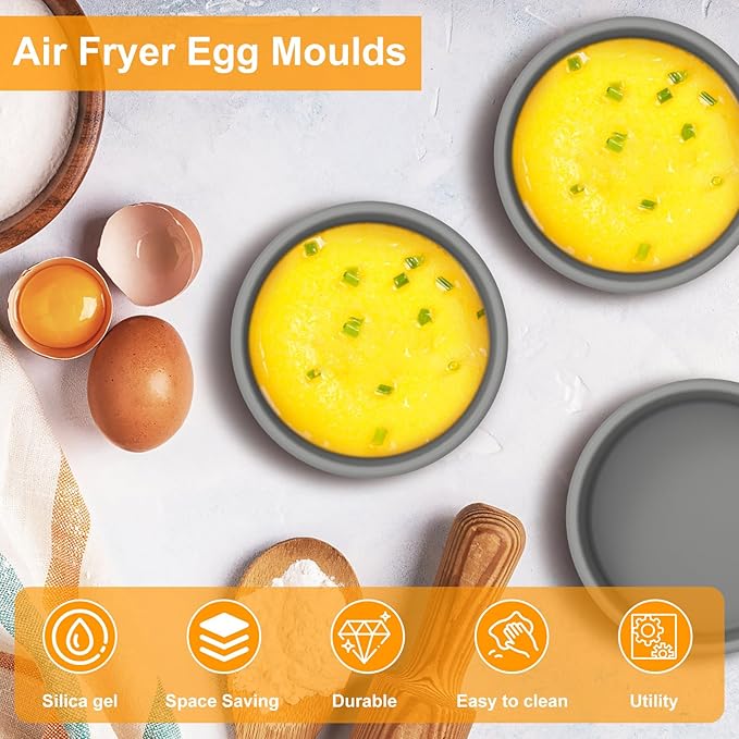 3Pcs Air Fryer Egg Mold 4"×1.3" Silicone Egg Poacher Cups Nonstick Egg Boiler Mold Cup Microwave Eggs Cooker Dishwasher Safe (Grey, 3-Pack)