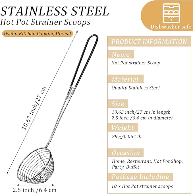 Geiserailie 8 Pieces 6 Pieces Hot Pot Kit Strainer Scoops Stainless Steel 2.5 Inch Mini Spider Strainer Skimmer Pasta Mesh Spoon Asian Skimmer Spoon Ladle with Handle for Home (Black)