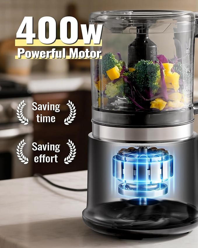 Food Chopper, 4 Cup Fast Food Processor, Electric Meat Grinder with 2 Speed, 4 Stainless Steel Blades, and Whisk, 400W Power for Chopping, Mixing, Emulsifying, Puree and Whisking, BPA-Free