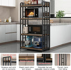 Adjustable 4-Tier Heavy Duty Kitchen Baker's Rack with Power Outlet, with Industrial Wheels, Free Standing Microwave Oven Cart Stand for Storage in Living Room, Garage, Rustic Brown