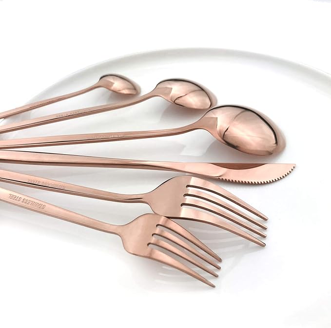 Copper 36-Pieces Silverware Flatware Mirror Polished Dinnerware, 18/0 Stainless Steel Rose Gold Cutlery Set For Home Kitchen Party Hotel Restaurant Wedding Service for 6