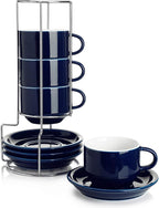 Sweese 8 Ounce Porcelain Stackable Cappuccino Cups with Saucers and Metal Stand - for Specialty Coffee Drinks, Cappuccino, Latte, Americano and Tea - Set of 4, Navy