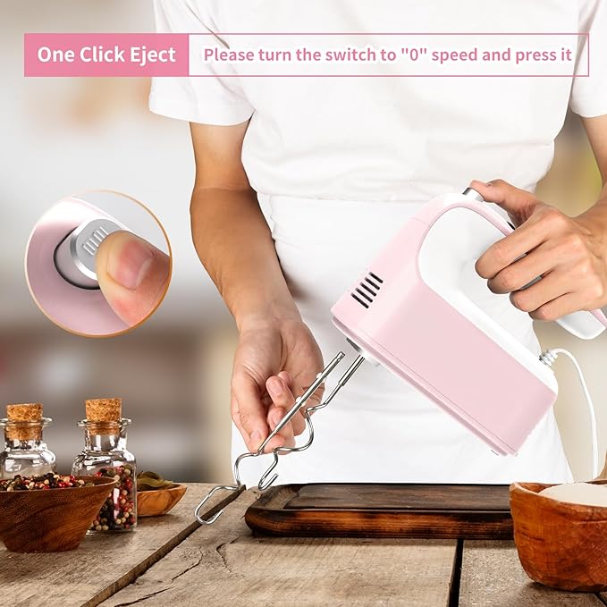 9-Speed Digital Hand Mixer Electric, 400W DC Motor, Hand Mixer electric Handheld with Snap-On Storage Case, Touch Button, Turbo Boost, 5x Stainless Steel Accessories (Pink)