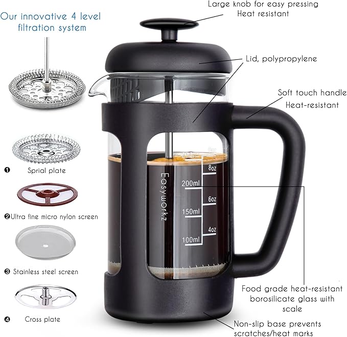 Easyworkz French Press 12 oz Coffee Tea Maker with Borosilicate Glass,Soft Grip Handle
