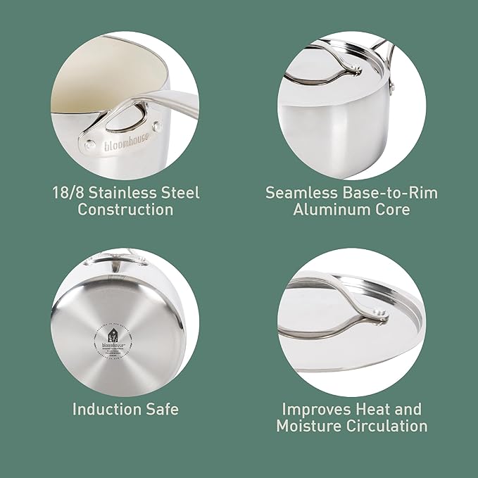 Bloomhouse - Two Time Oprah's Favorite Things Winner - 3-Quart Tri-Ply Stainless Steel Saucepan – Non-Stick, Non-Toxic Pro Ceramic Interior, Durable Cooking Pot for Sauces and Simmering