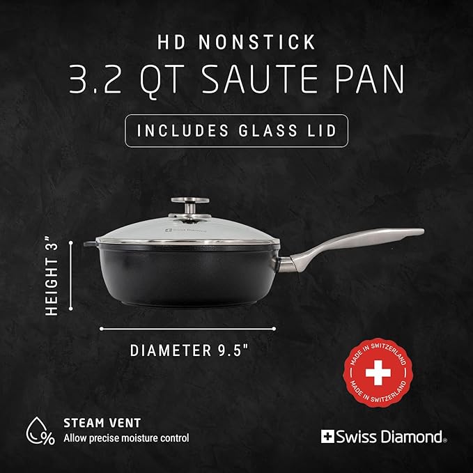 Swiss Diamond Nonstick Saute Pan with Lid, Diamond Coated Aluminum Deep Saute Pan with Lid Features Stainless Steel Handle, Dishwasher & Oven Safe Up To 500 °F, 9.5 Inch, 3.2 Quart