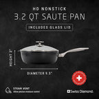 Swiss Diamond Nonstick Saute Pan with Lid, Diamond Coated Aluminum Deep Saute Pan with Lid Features Stainless Steel Handle, Dishwasher & Oven Safe Up To 500 °F, 9.5 Inch, 3.2 Quart